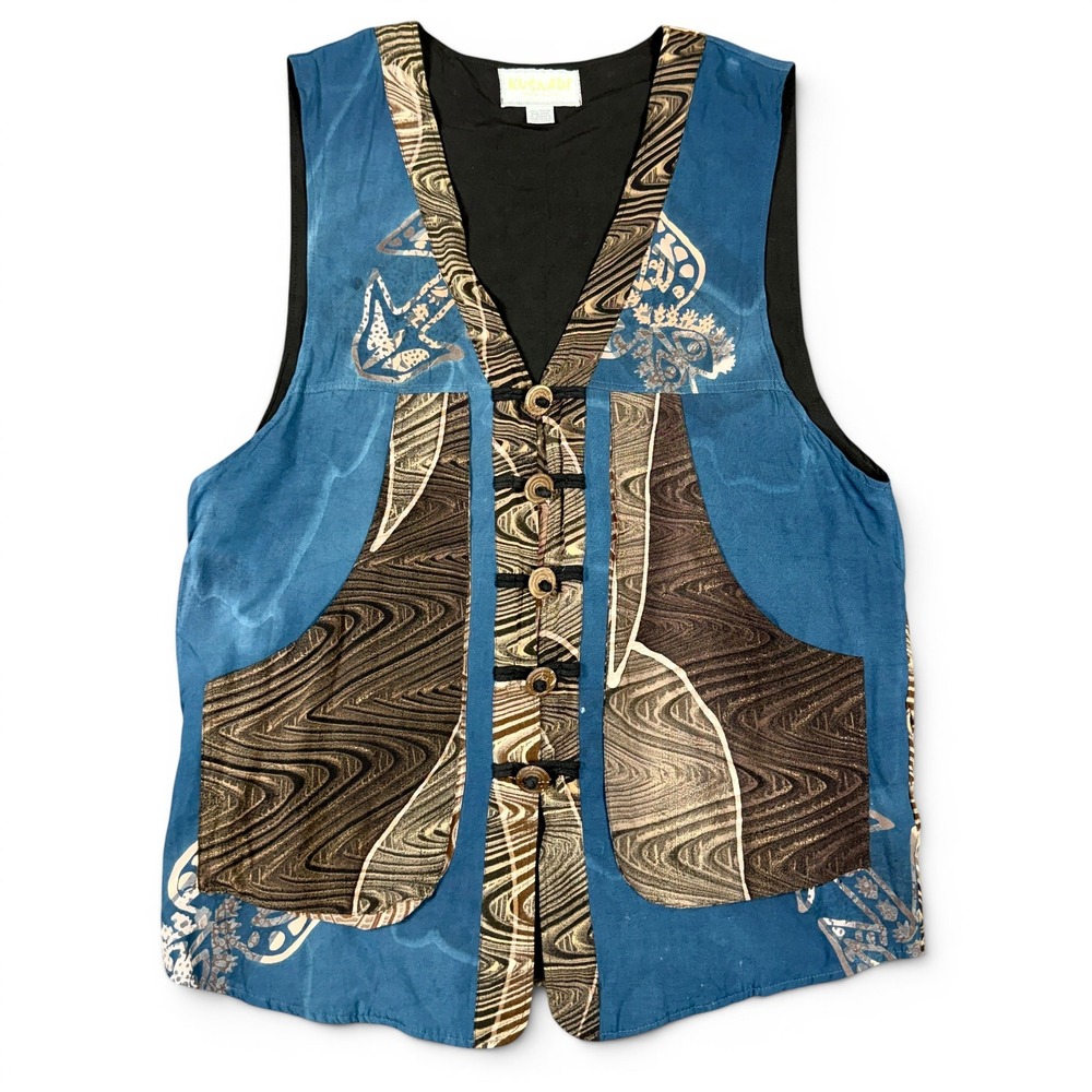 Kusnadi Women Vintage Vest XL Pocket Blue Wood Toggle Batik Lagenlook Artsy Boho